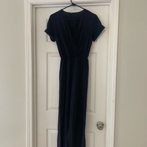 Anthropologie v neck, navy, cotton jumpsuit.